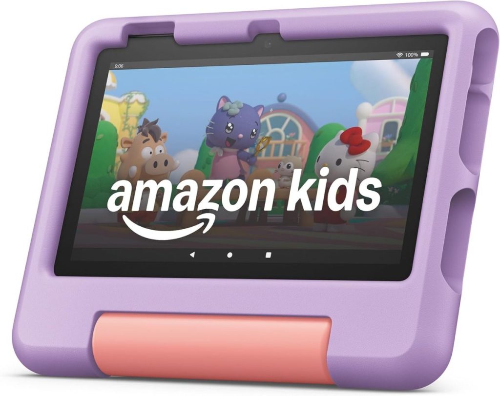 A tablet with a purple and pink protective case displays the Amazon Kids app on its screen, featuring animated characters in the background—perfect for scoring during Amazon Prime Big Deal Days.