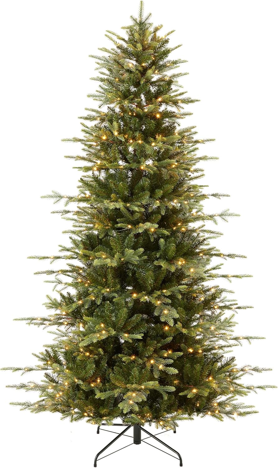 A tall artificial Christmas tree with green branches and built-in white lights stands on a metal stand against a white background—perfect for decorating ahead of Amazon Prime Big Deal Days.