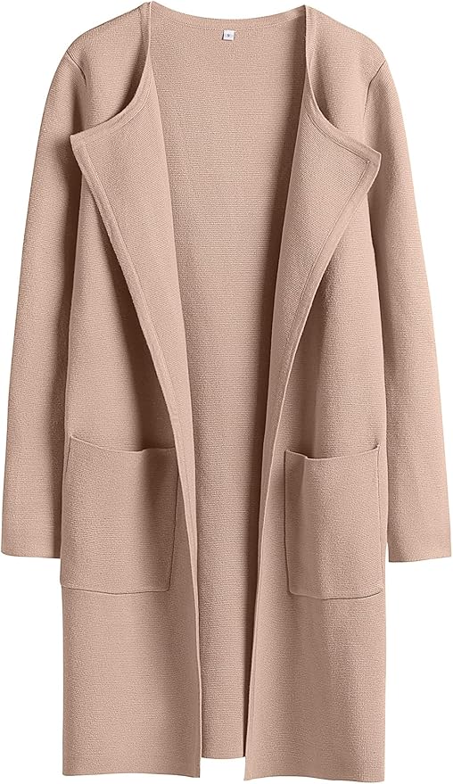 Light brown open-front long cardigan with two front patch pockets, long sleeves, and a relaxed, draped fit—perfect for layering and available during Amazon Prime Big Deal Days.