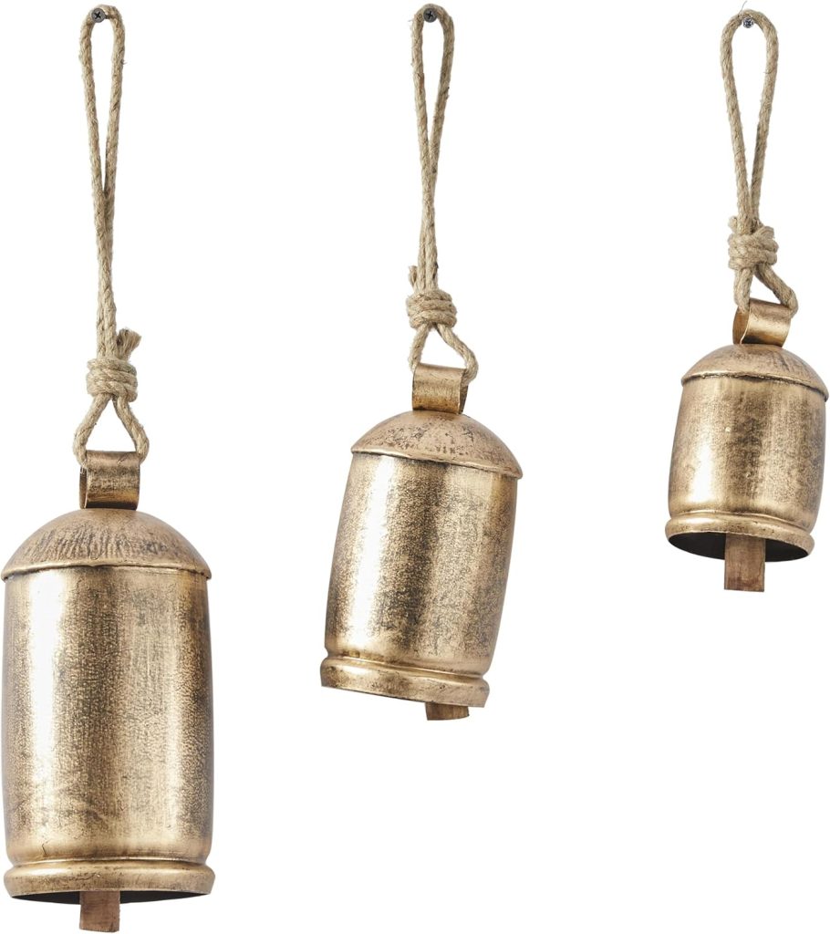 Three metallic hanging bells of varying sizes, each suspended by a knotted rope against a white background—perfect to showcase during Amazon Prime Big Deal Days.