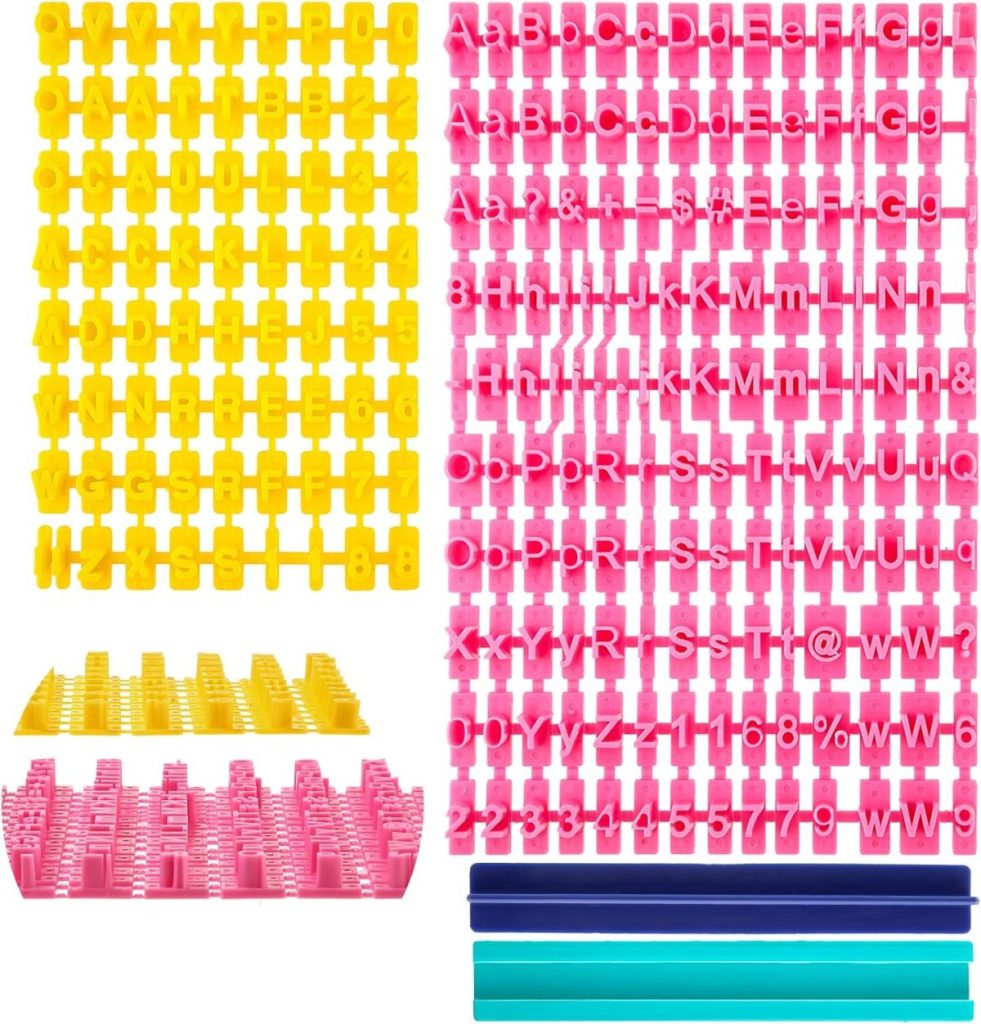 Plastic cutters for Air Dry Clay featuring yellow grids with numbers, pink grids with uppercase letters, and several blue, green, and purple strips, all arranged on a white background.