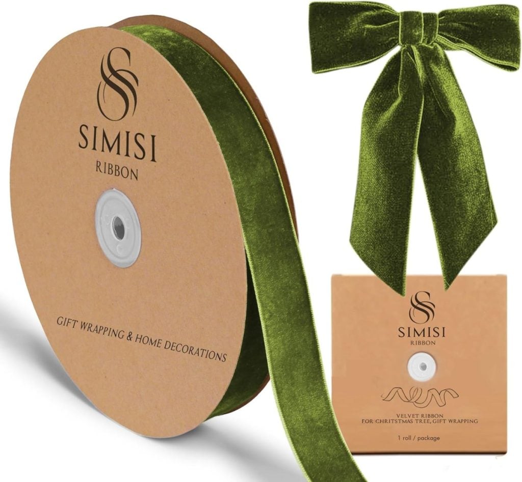A spool of green velvet ribbon with the Simisi Ribbon logo, accompanied by a tied bow and product packaging for gift wrapping and home decorations.