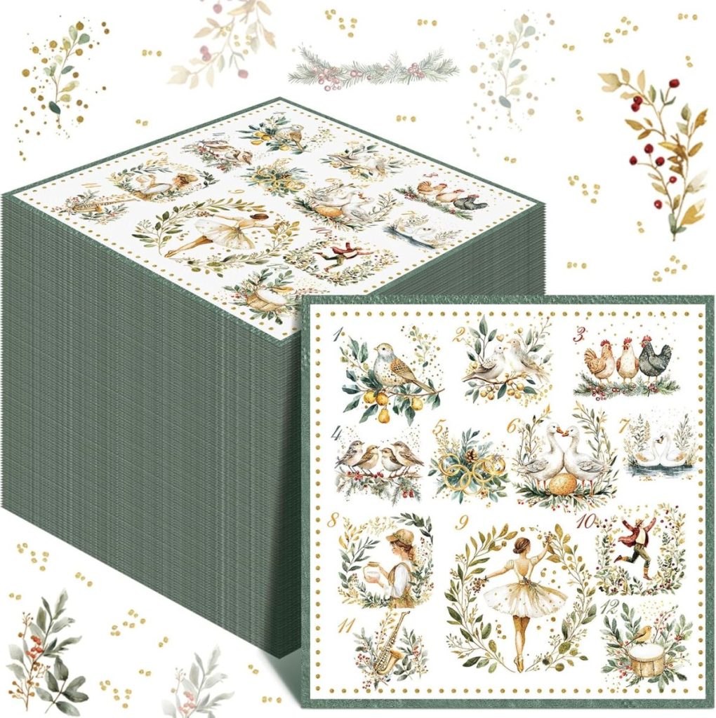 A green square box with a decorative lid featuring illustrations of birds, animals, and a ballerina, surrounded by leaves and numbers in a grid layout.