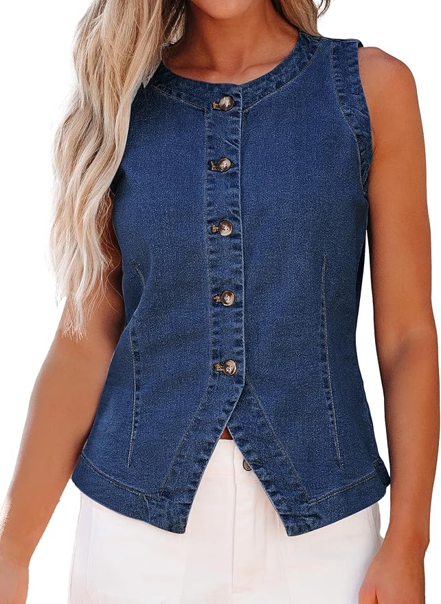 Woman wearing a sleeveless, button-up denim vest paired with white pants, shown from shoulders to hips—perfect for updating your look during Amazon Prime Big Deal Days.