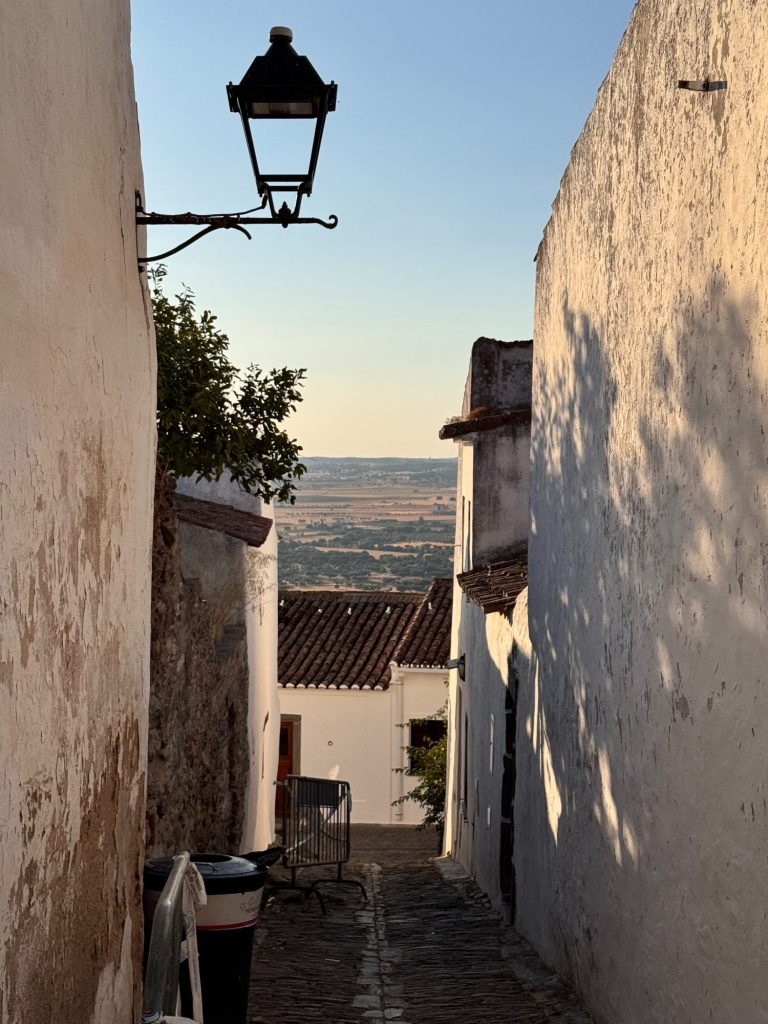 A narrow cobblestone alley with white walls, a street lamp, and distant countryside visible under a clear sky in the background.