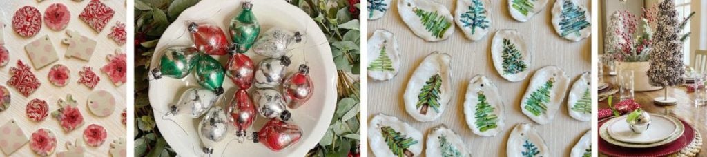 Four images show holiday-themed items: decorated cookies, vintage glass ornaments in a bowl, frosted cookies with tree designs, and a festive dining table setting with holiday decor.