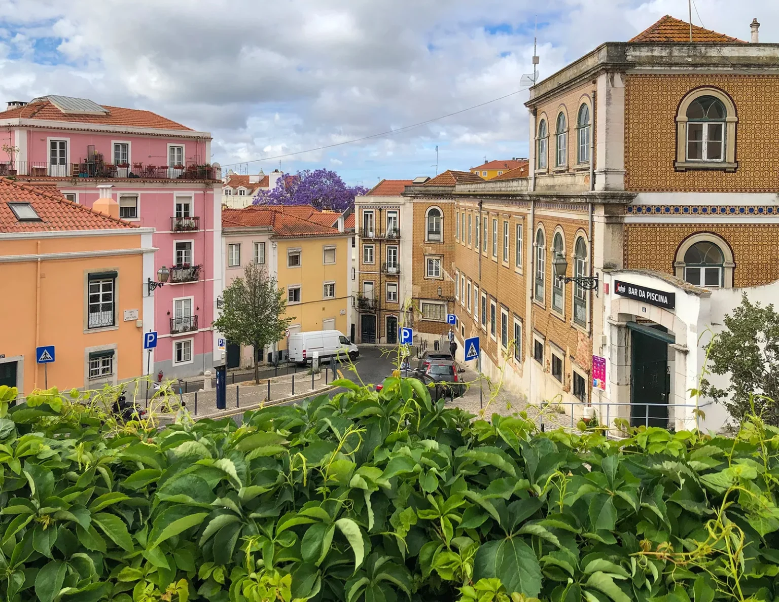 View of a European city street lined with colorful buildings, leafy green plants in the foreground, and a partly cloudy sky overhead.