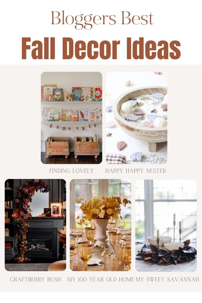 Collage of five fall decor ideas, including a bookshelf with baskets, a tray of pumpkins, a fireplace with autumn leaves, a table with yellow flowers, and books by a window.