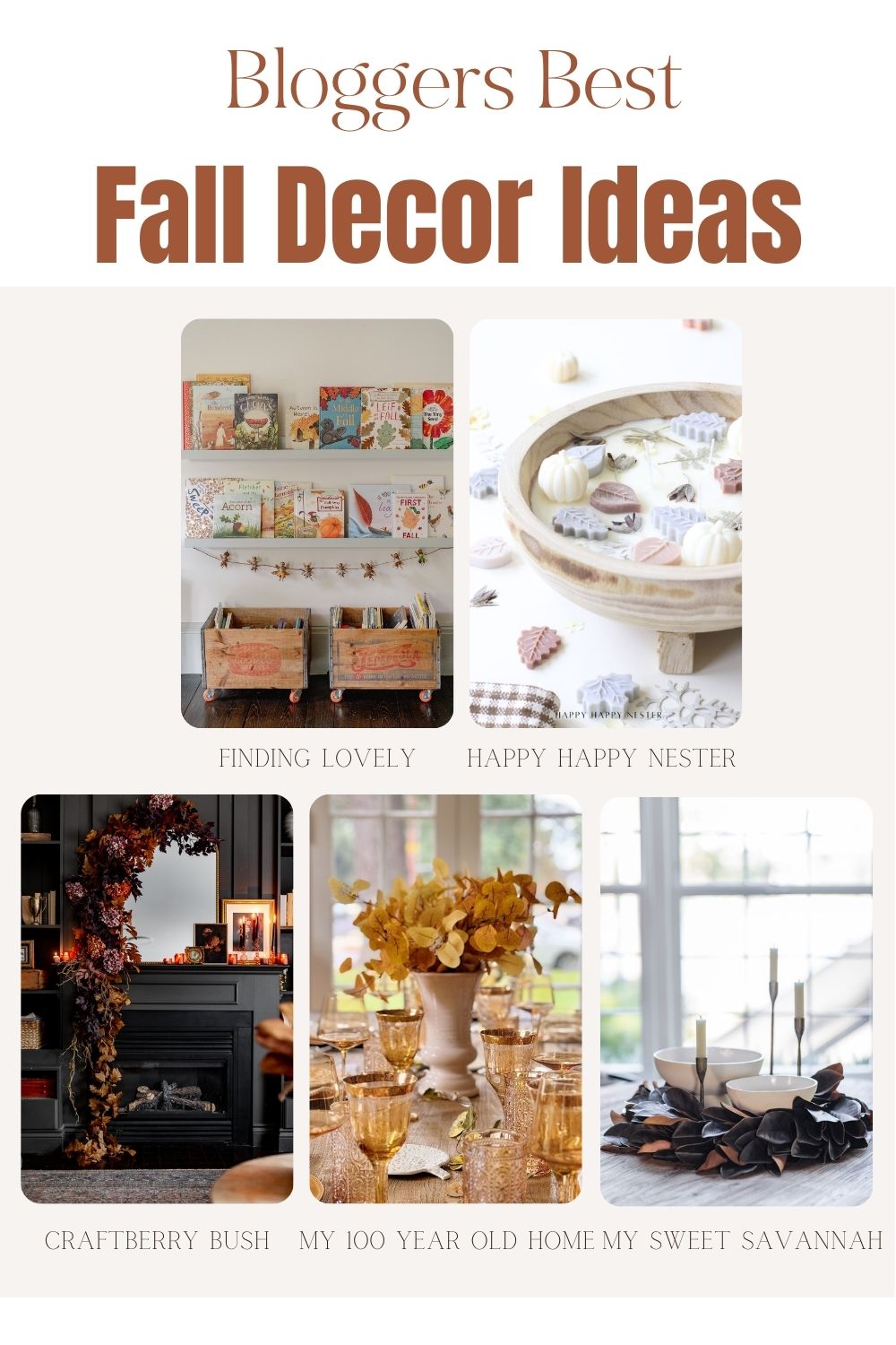 Collage of five fall decor ideas, including a bookshelf with baskets, a tray of pumpkins, a fireplace with autumn leaves, a table with yellow flowers, and books by a window.