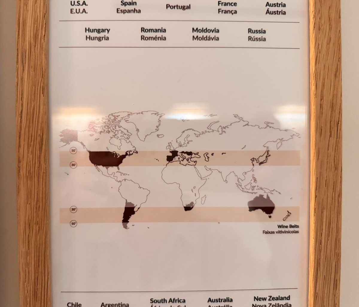 A framed map showing major wine-producing regions around the world, highlighted in dark areas between the latitudes of 30&deg; and 50&deg; in both hemispheres.