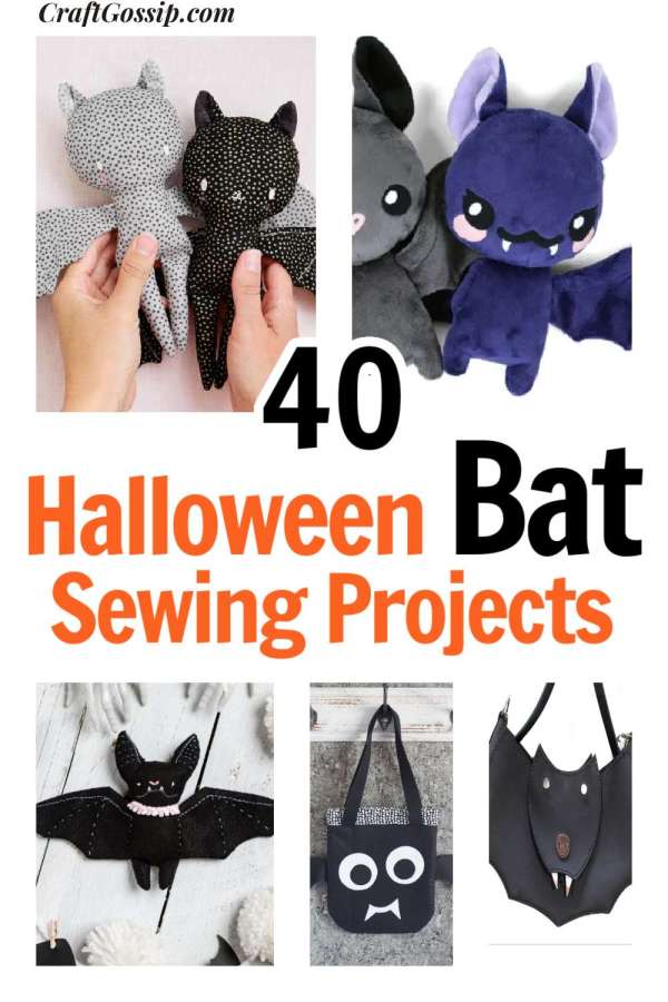 Collage showing various handmade bat plushies and crafts with the text "40 Halloween Bat Sewing Projects" in bold letters.