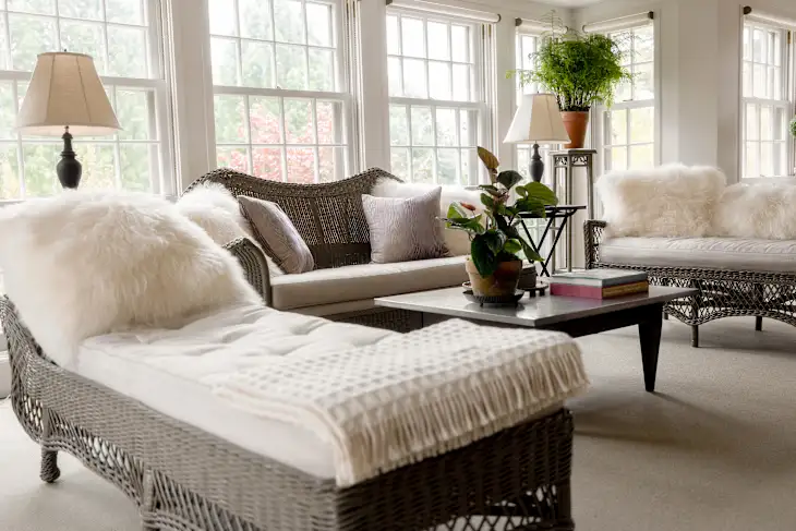 A bright sunroom with wicker furniture, white cushions, a coffee table with plants and books, lamps, and large windows letting in natural light.