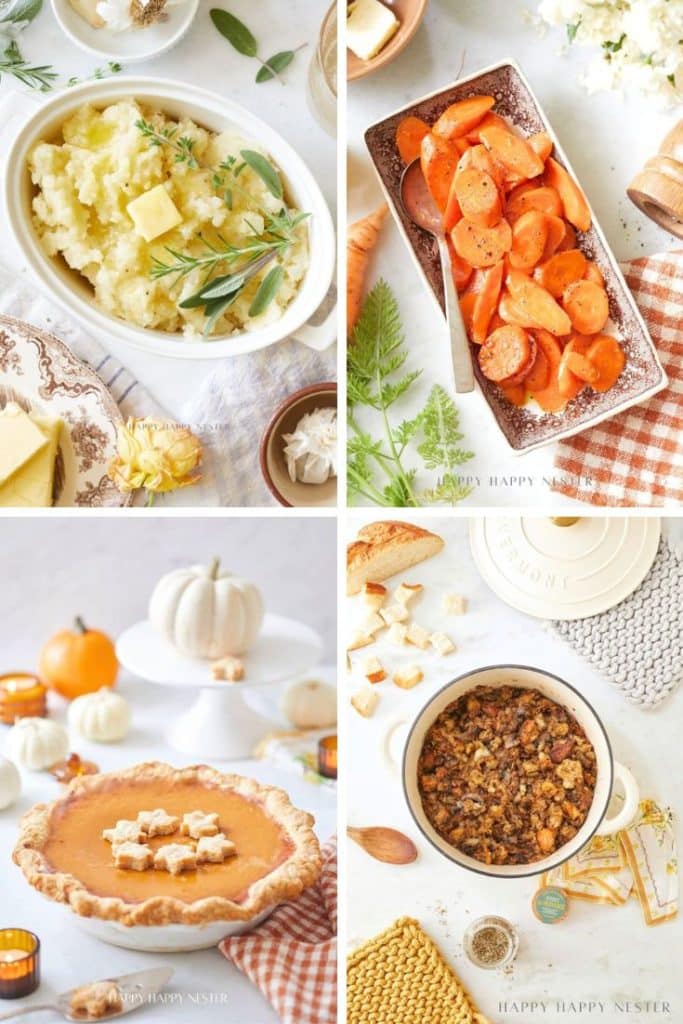 Four dishes of Thanksgiving food: mashed potatoes with butter and herbs, glazed carrots, pumpkin pie with leaf-shaped crust, and a casserole with a crumb topping.