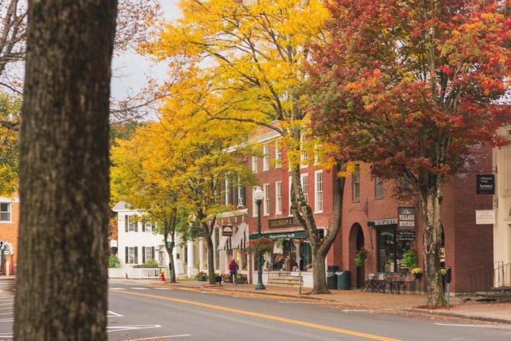 Street lined with trees in autumn colors, with brick buildings and small shops on the right side, and empty sidewalks and road.