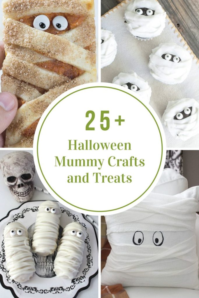 A collage of Halloween mummy-themed crafts and treats, including a pastry, cupcakes, chocolate-dipped snacks, and a pillow, with the text “25+ Halloween Mummy Crafts and Treats.”.