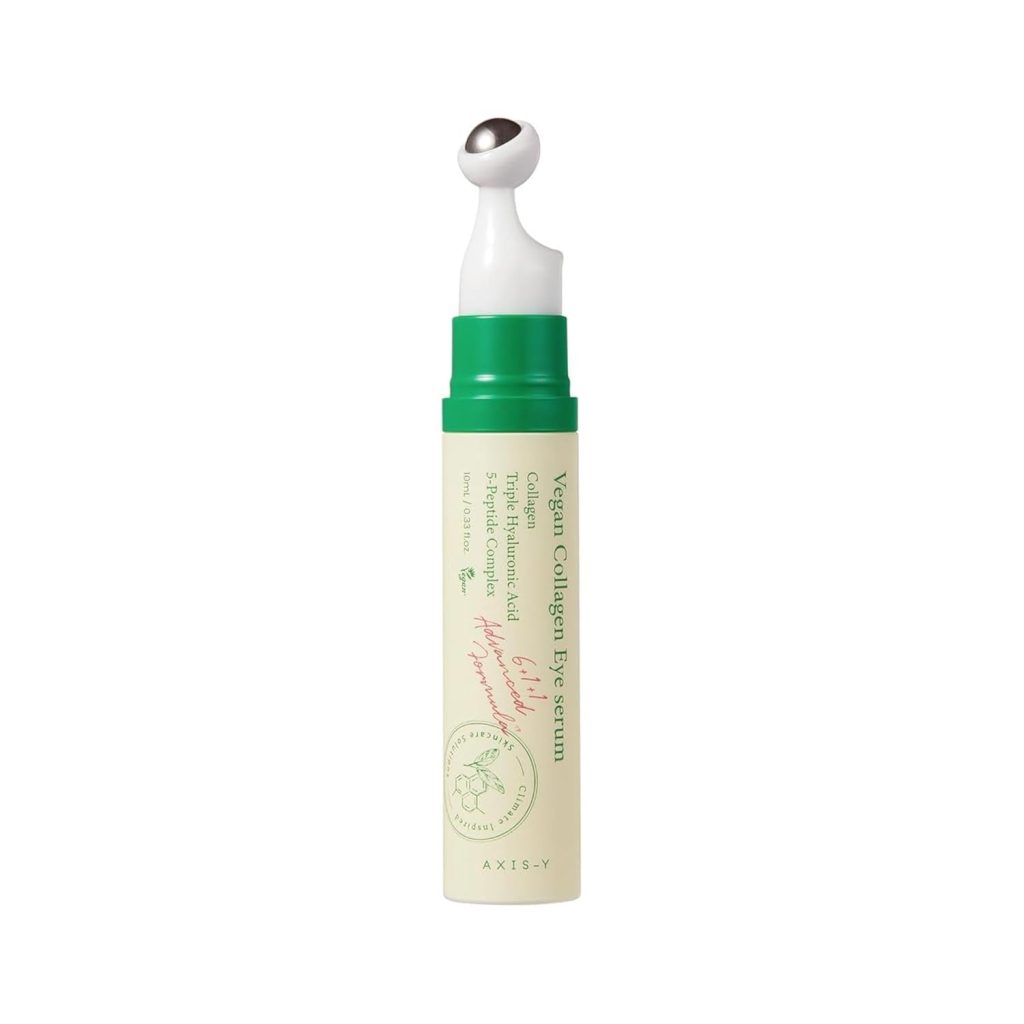 A tube of AXIS-Y Vegan Collagen Eye Serum with a green cap and a metal applicator tip, standing upright against a white background—perfect for adding to your routine during Amazon Prime Big Deal Days.