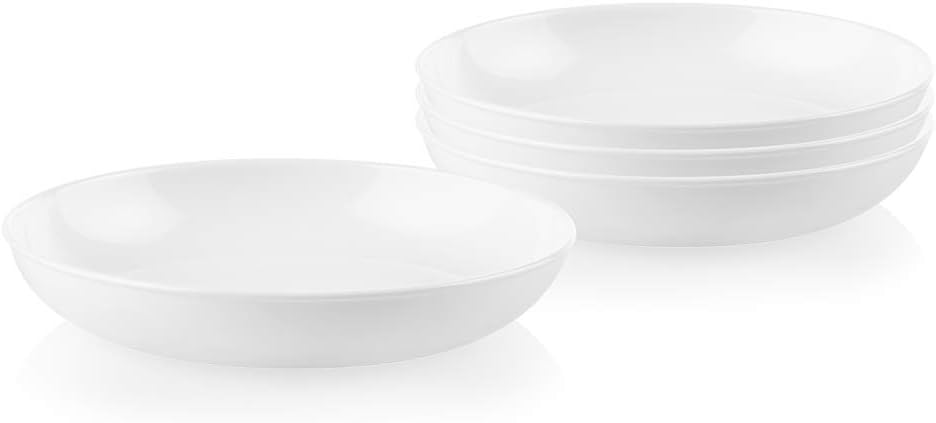 Four white, shallow, round plates are stacked together, with one additional plate placed in front of the stack on a white background—perfect for upgrading your tableware during Amazon Prime Big Deal Days.