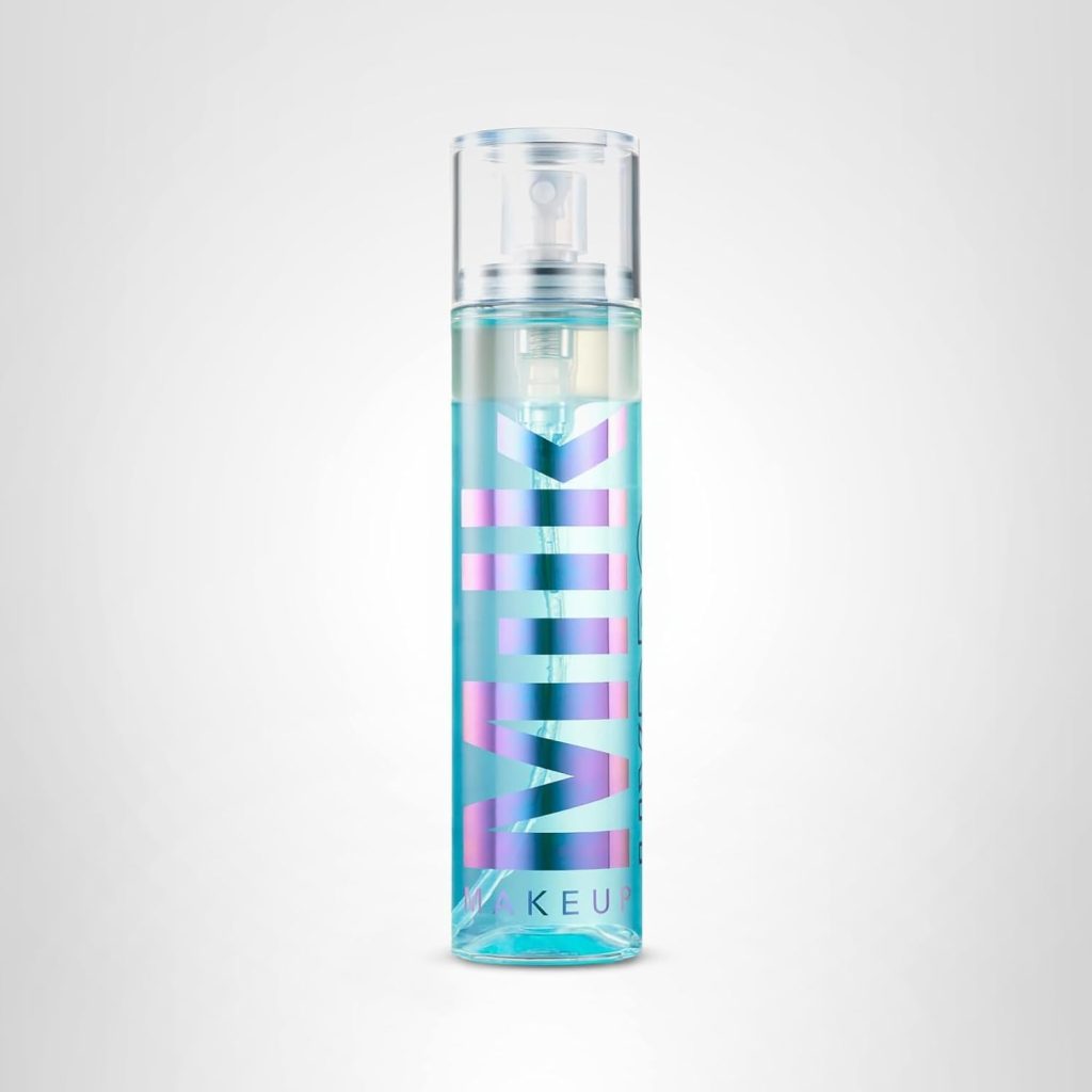 A clear spray bottle with blue liquid and the word "MILK" in large letters on the front, set against a plain light gray background—perfect for stocking up during Amazon Prime Big Deal Days.
