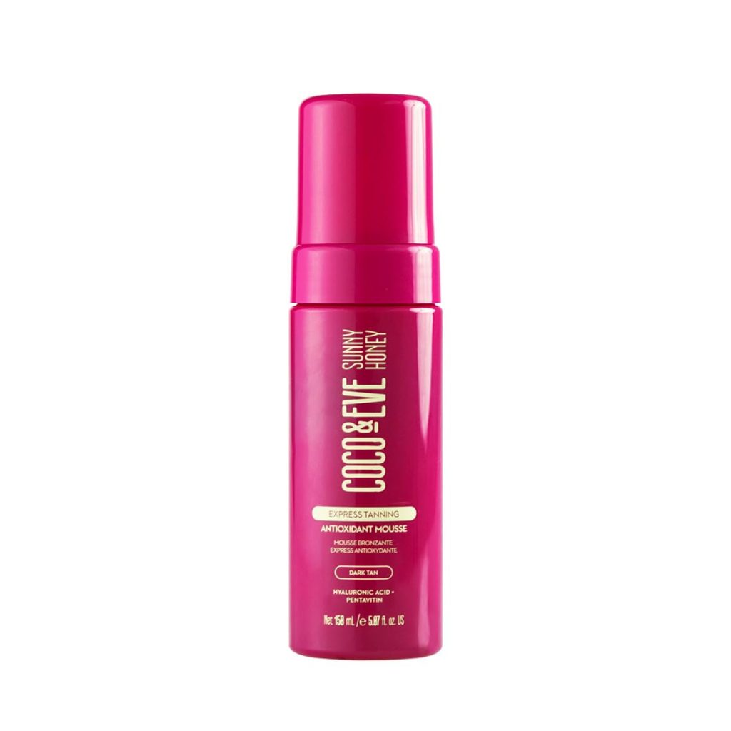 A pink bottle of Coco & Eve Sunny Honey Express Tanning Antioxidant Mousse, labeled for dark self-tan with mandarin and hyaluronic acid, 190 ml size—perfect to grab during Amazon Prime Big Deal Days.