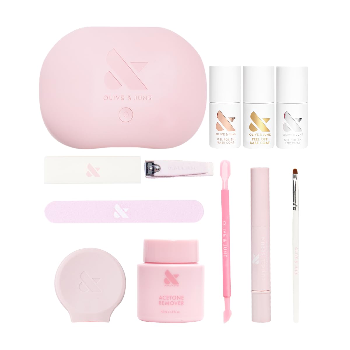 A pink manicure kit with nail polishes, acetone remover, buffer, nail file, cuticle pusher, nail clipper, cleaning brush, and a storage case—perfect for Amazon Prime Big Deal Days savings.