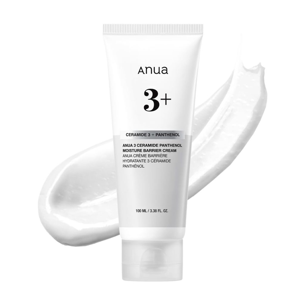 A white tube labeled "anua 3+ Ceramide Panthenol Moisture Barrier Cream" is pictured in front of a smear of white cream, highlighting a must-have for skincare enthusiasts during Amazon Prime Big Deal Days.