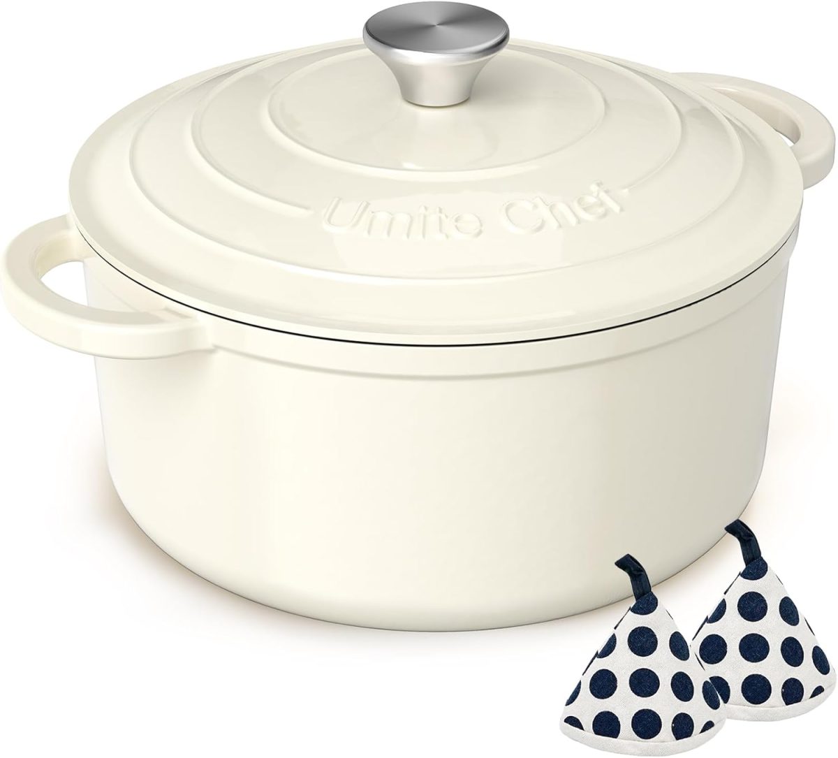 A white enameled cast iron Dutch oven with a lid and two black and white polka dot fabric pot holders in front, perfect for kitchen upgrades during Amazon Prime Big Deal Days.