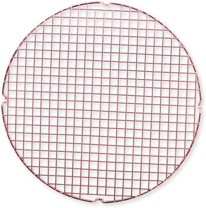 A round metal cooling rack with a grid pattern, perfect for letting a freshly baked pumpkin pie cool, viewed from above against a white background.