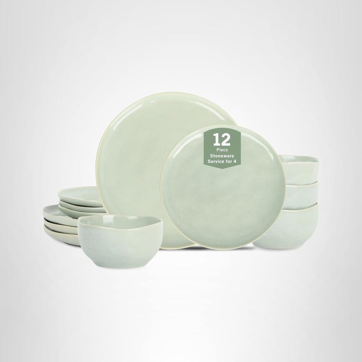 A 12-piece stoneware dinnerware set for four, including plates and bowls, arranged on a plain white background—perfect for upgrading your table during Amazon Prime Big Deal Days.