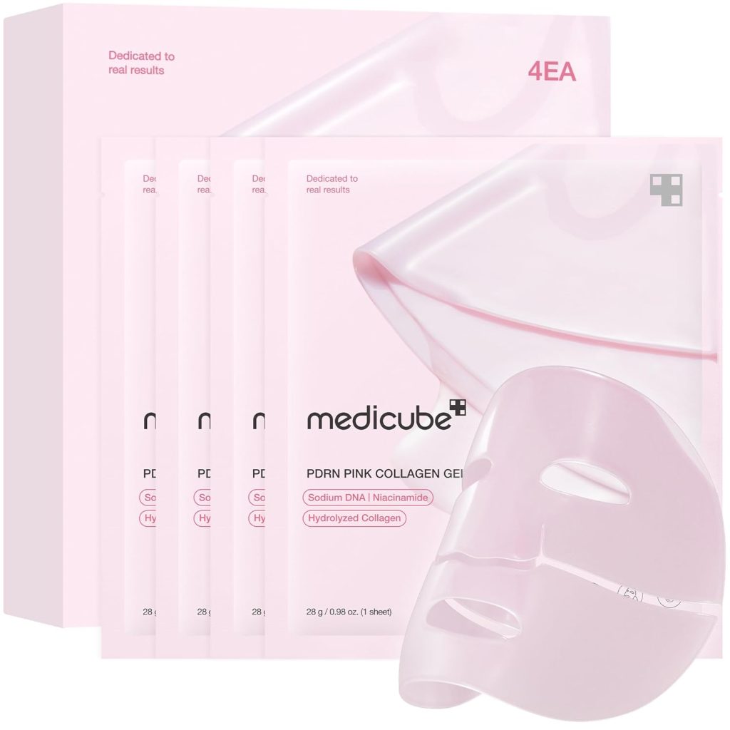 A box and several packets of Medicube PDRN Pink Collagen Gel face masks, with one mask partially unwrapped in the foreground—perfect for self-care and a great find during Amazon Prime Big Deal Days.