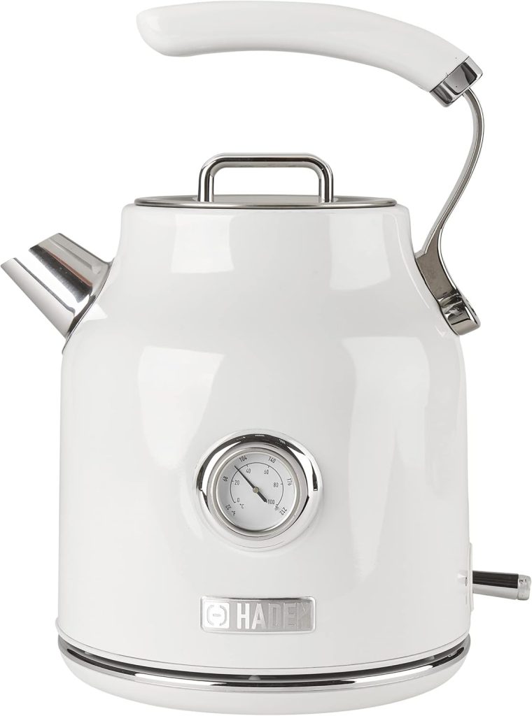 A white electric kettle with a handle, spout, temperature gauge on the front, and the brand name "Haden" displayed at the bottom—perfect to grab during Amazon Prime Big Deal Days.