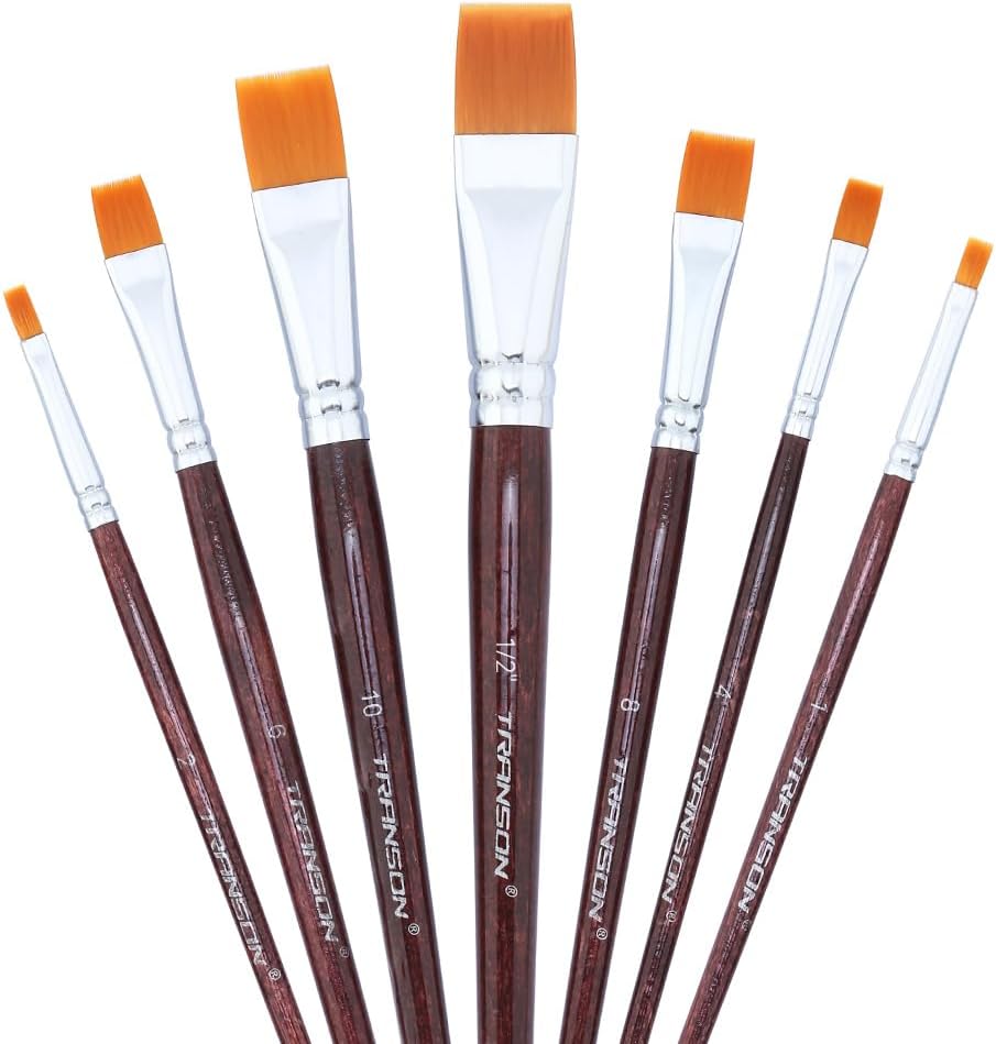 Six flat paintbrushes with brown wooden handles and orange synthetic bristles, arranged in a fan shape against a white background—perfect for painting details on glass ornaments or other creative crafts.
