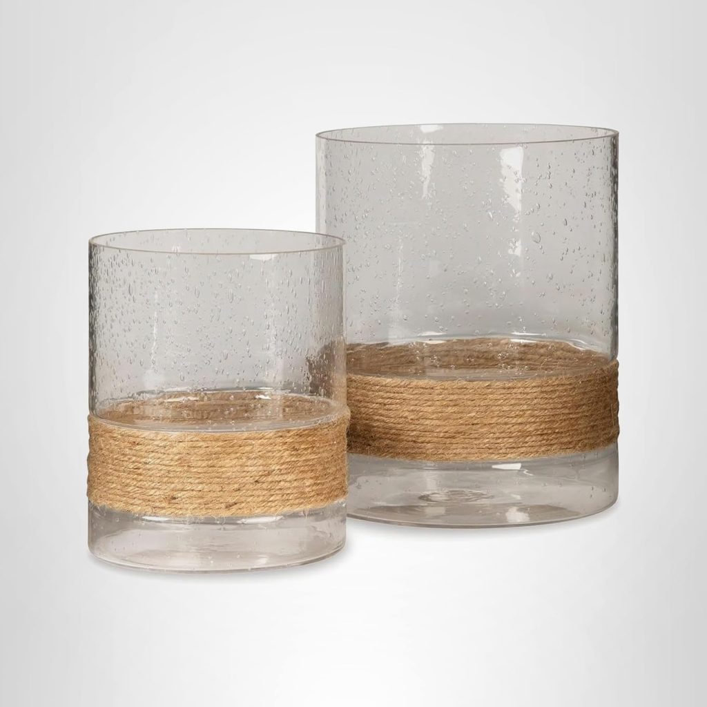 Two clear glass tumblers with textured surfaces, each wrapped with a band of jute twine around the base, are placed side by side on a plain background—perfect for stylish sipping during Amazon Prime Big Deal Days.