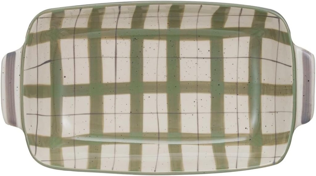 Rectangular ceramic baking dish with handles, featuring a green and beige plaid interior—perfect for serving favorites like Marry Me Chicken.