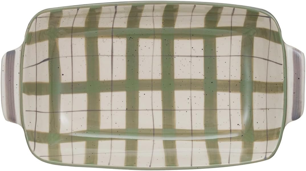 Rectangular ceramic baking dish with handles, featuring a green and beige plaid interior&mdash;perfect for serving favorites like Marry Me Chicken.