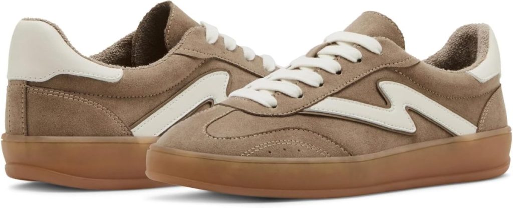A pair of brown suede sneakers with white leather accents, white laces, and light brown rubber soles, shown from a side and front angle—perfect for grabbing during Amazon Prime Big Deal Days.