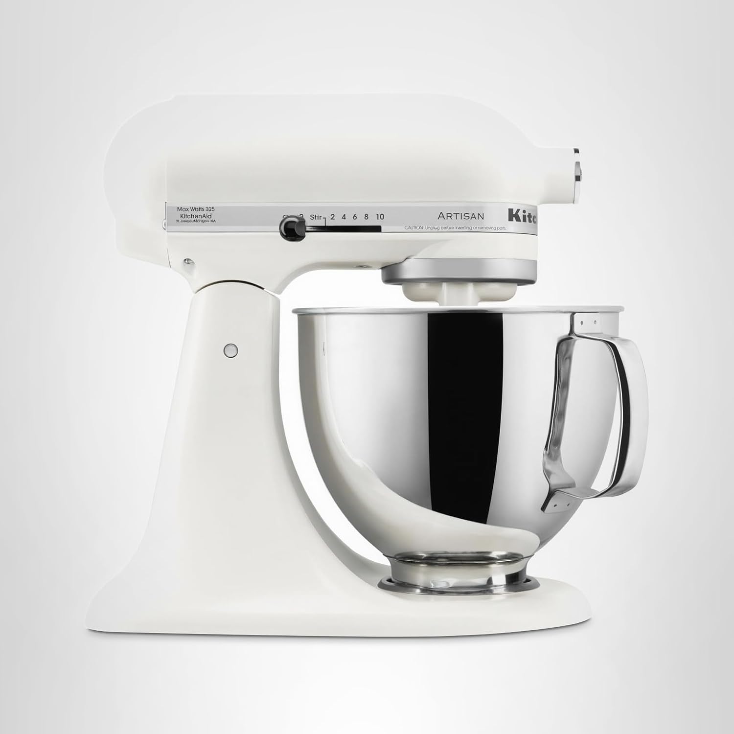 A white stand mixer with a stainless steel mixing bowl and silver handle, set against a plain light background—perfect for upgrading your kitchen during Amazon Prime Big Deal Days.
