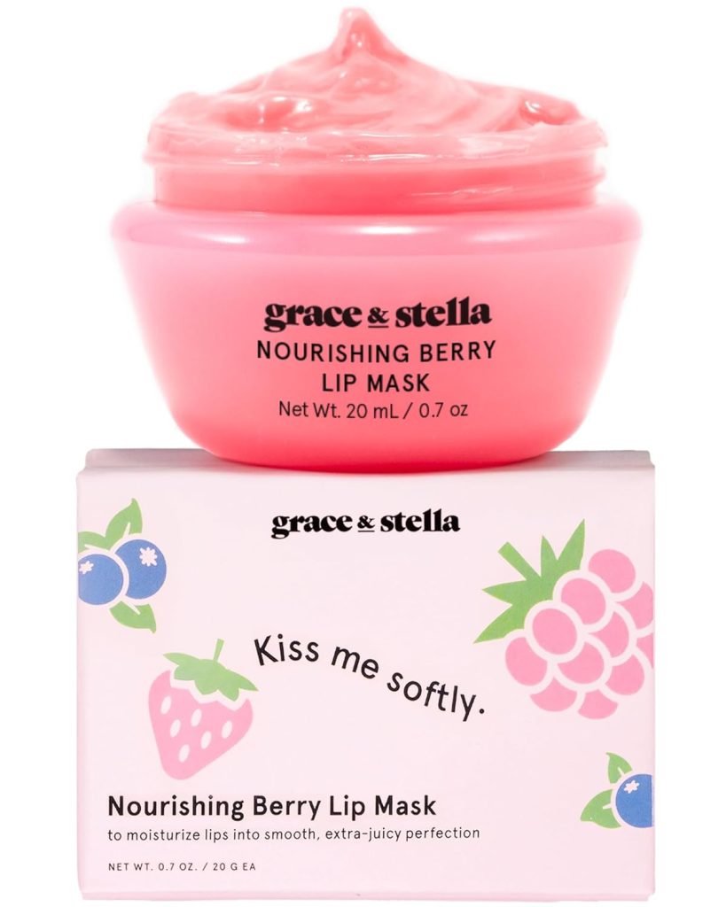 A pink jar of Grace & Stella Nourishing Berry Lip Mask sits on its box, decorated with berry illustrations and the phrase "Kiss me softly"—a perfect pick for Amazon Prime Big Deal Days.