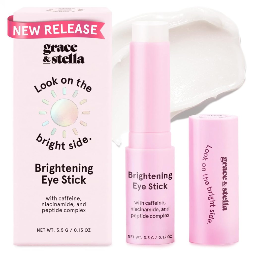 A pink box and tube of Grace & Stella Brightening Eye Stick with text highlighting caffeine, niacinamide, and peptides; product sample shown in background; "New Release" banner at top left—perfect for Amazon Prime Big Deal Days.