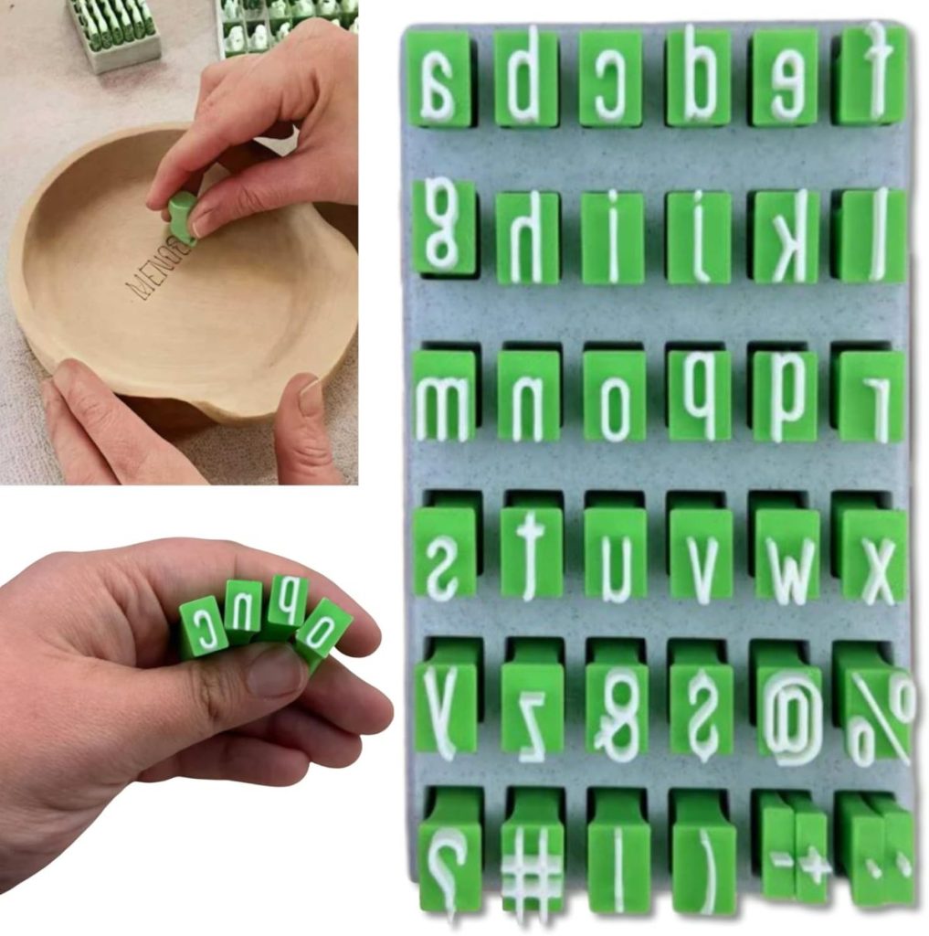 Hands use green plastic letter stamps to imprint text on clay, perfect for crafting personalized Christmas ornaments. On the right, a set of green stamps with lowercase letters, numbers, and symbols is arranged in rows.