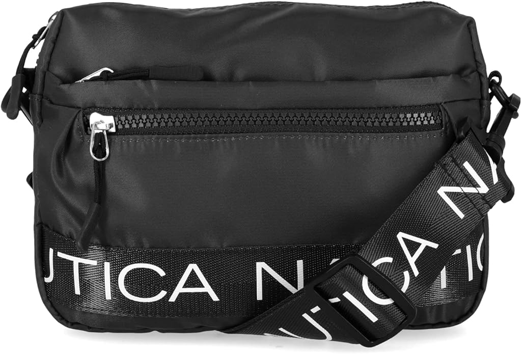 A black crossbody bag with a front zip pocket and an adjustable strap featuring the word "NAUTICA" in white text—perfect for Amazon Prime Big Deal Days.