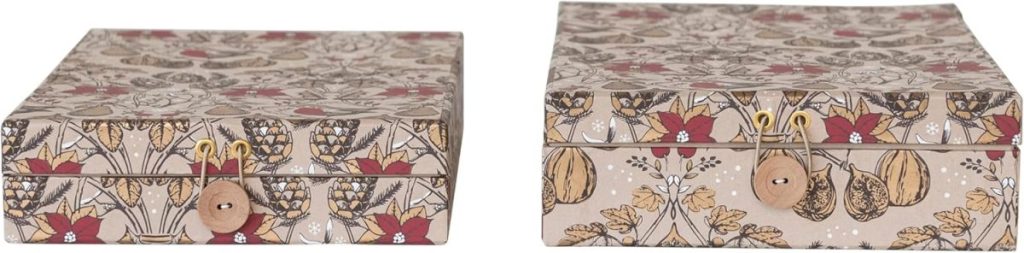 Two decorative rectangular boxes with floral and leaf patterns, wooden buttons, and loops for closure, shown from a front and side angle.
