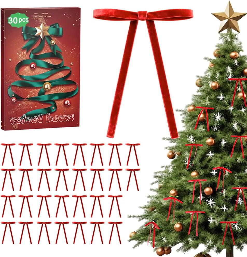 A package of 30 red velvet bows is shown, with individual bows and an example of bows used to decorate a Christmas tree.