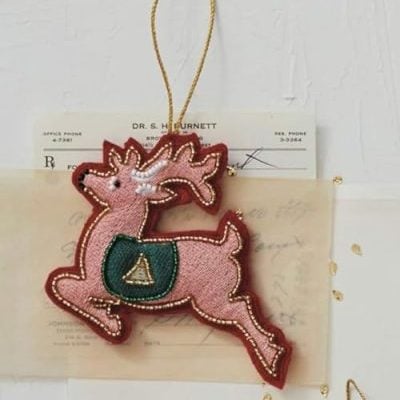 Five beaded Christmas ornaments, including a reindeer, ornaments, and a Christmas package in festive pink Christmas hues, hang on a light-colored wall with scattered gold confetti below.