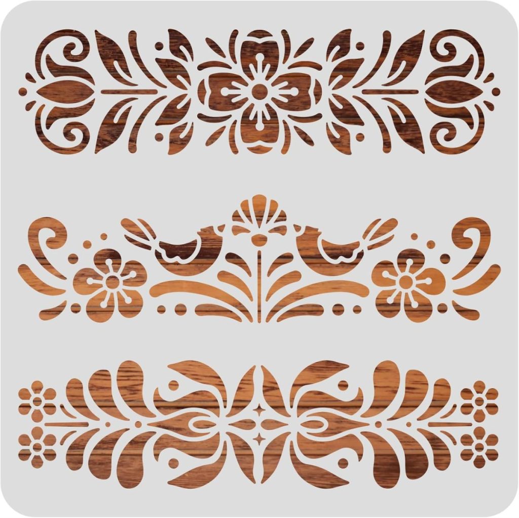 Three ornate, floral-inspired stencil designs with wood texture on a light gray background, arranged in horizontal rows.