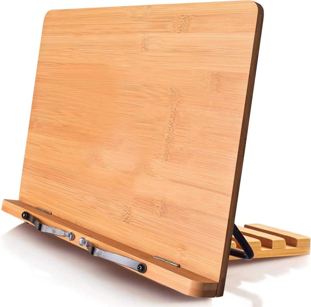 A wooden book stand with adjustable metal arms, featured on a white background—perfect for finding great value during Amazon Prime Big Deal Days.