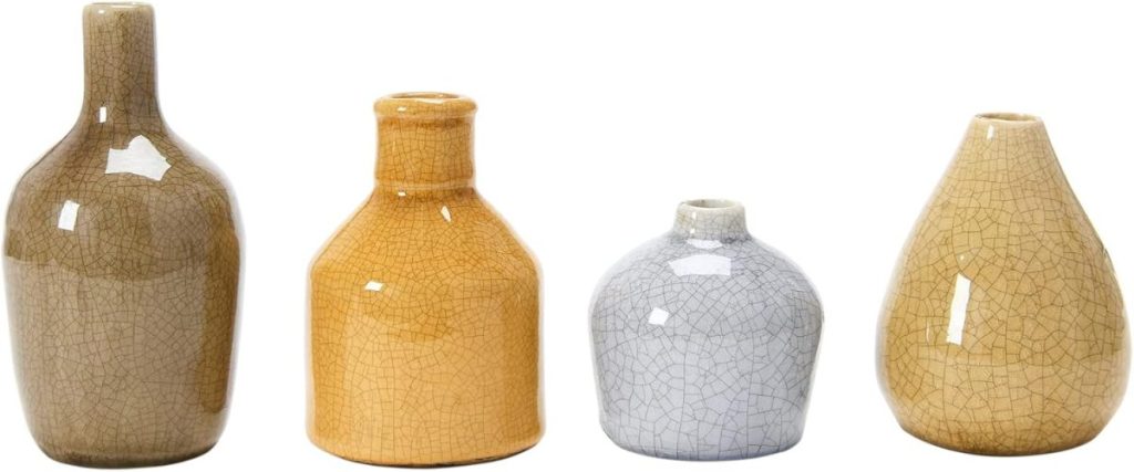 Four small ceramic vases with a crackled glaze finish in brown, yellow, and light gray, arranged in a row against a white background—perfect for updating your decor during Amazon Prime Big Deal Days.