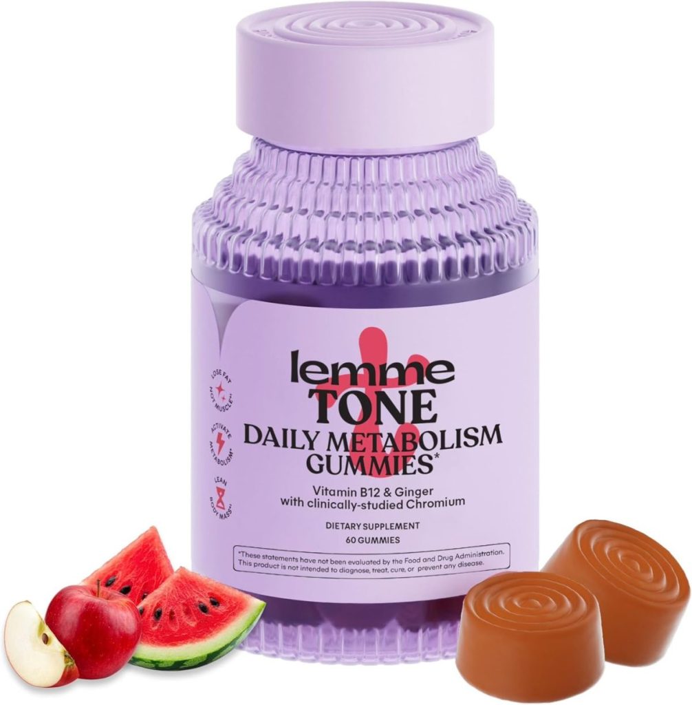 A bottle of Lemme Tone Daily Metabolism Gummies with Vitamin B12, ginger, and chromium is displayed with two gummies and pieces of watermelon and cherry fruit—perfect to snag during Amazon Prime Big Deal Days.