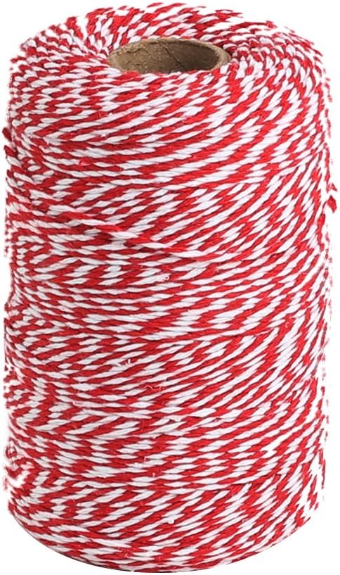 A spool of red and white twisted baker's twine, neatly wound into a cylindrical shape, perfect for adding a festive touch when wrapping gifts or hanging glass ornaments.