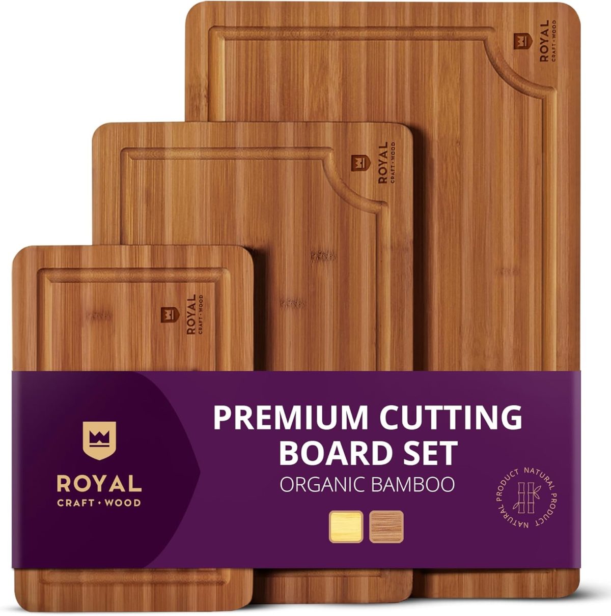 Three rectangular bamboo cutting boards of different sizes are stacked together, labeled as a "Premium Cutting Board Set" from Royal Craft Wood—perfect for Amazon Prime Big Deal Days shopping.