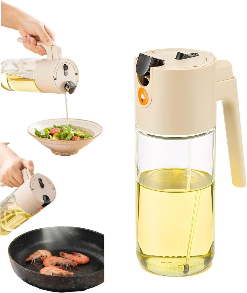 A glass oil dispenser with a beige handle and lid is shown pouring oil into a salad bowl and a frying pan with shrimp, perfect for prepping dishes like Marry Me Chicken.